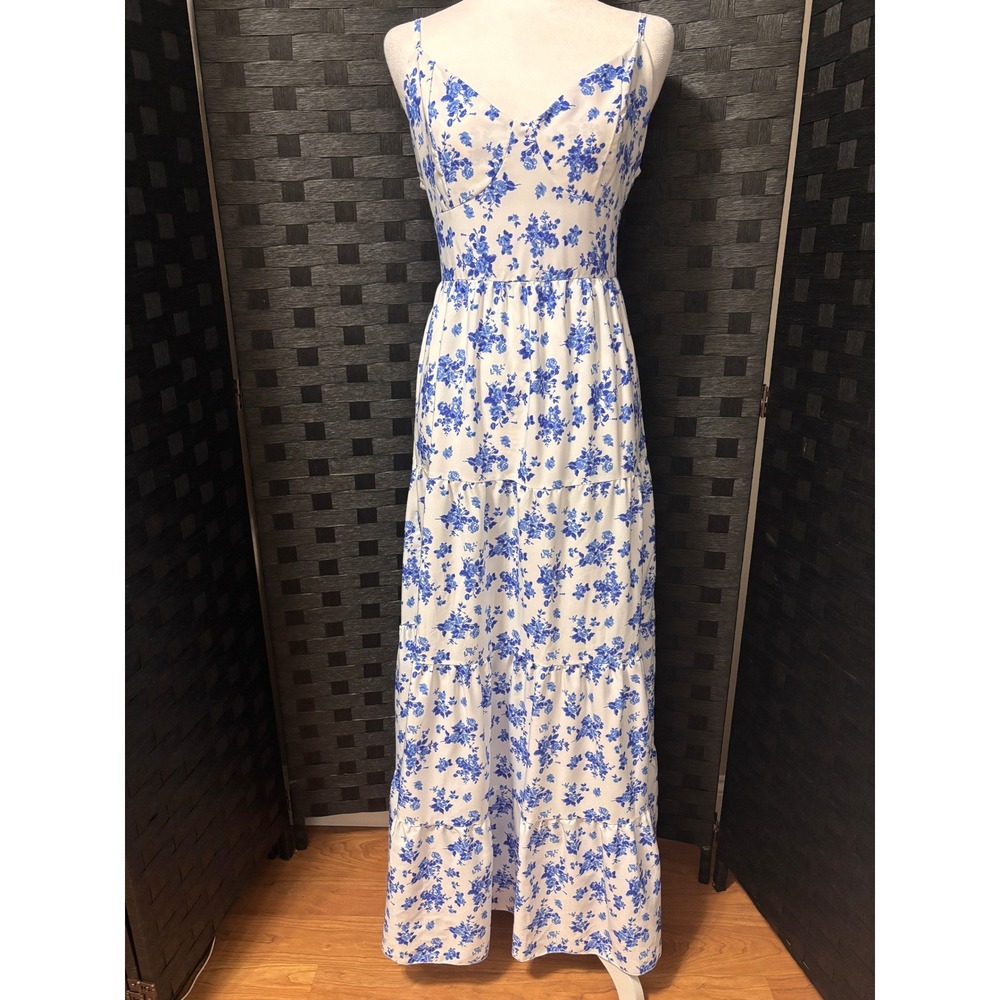 Floral Tiered Maxi Dress Womens L Blue White Tie‎ Back Cottage Feminine Party